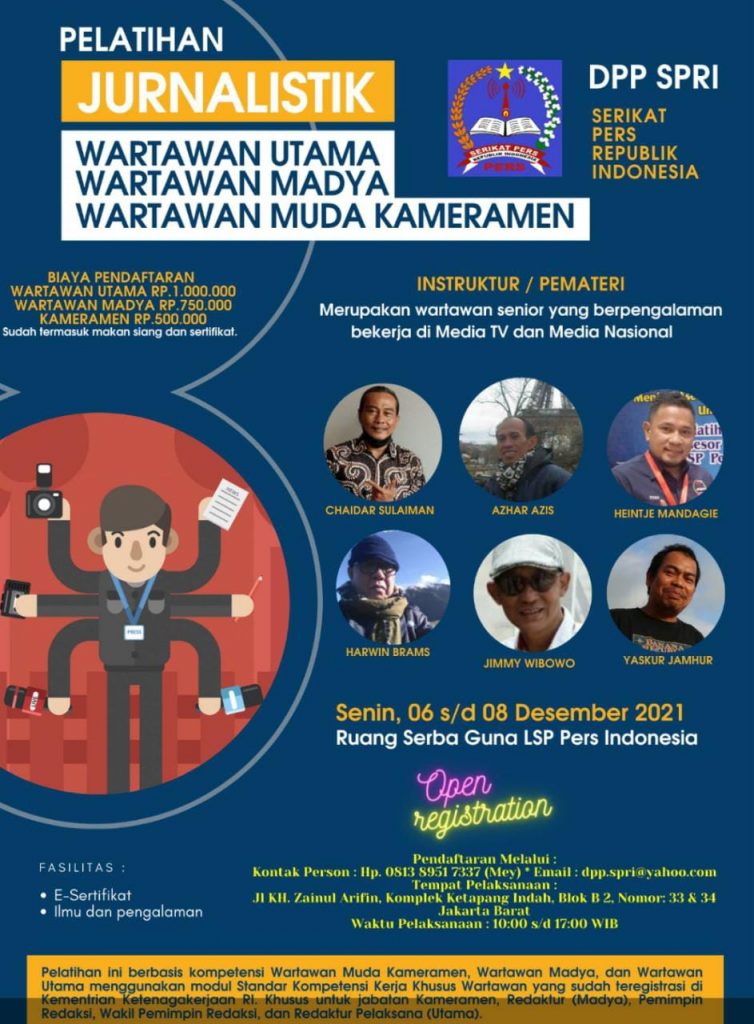 DPP SPRI Akan Menggelar Pelatihan Jurnalistik Untuk Wartawan Muda, Madya, Dan Utama Serta Kameramen